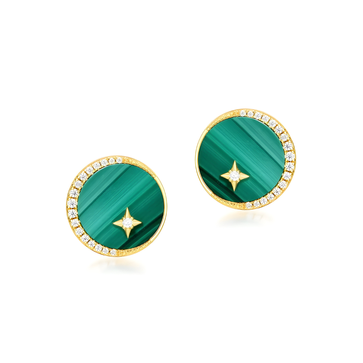 Boucles d’oreilles malachite avec disque vert rayé, étoile dorée au centre et demi-cercle de strass sertis sur monture dorée