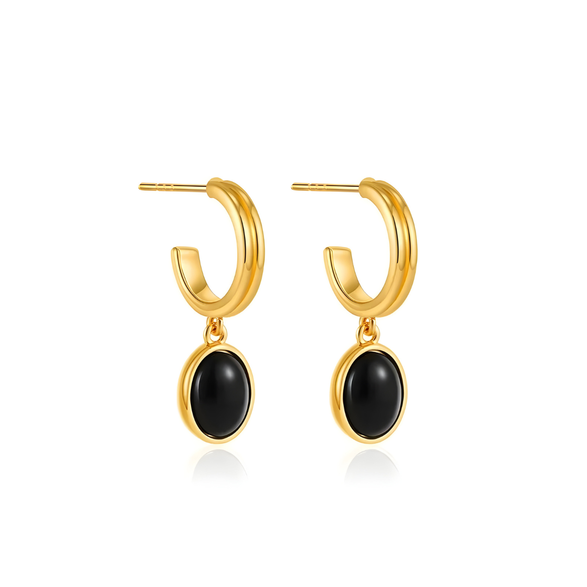 Boucles d’oreilles obsidienne avec pierre noire ovale cabochon suspendue à un anneau doré épais au design minimaliste