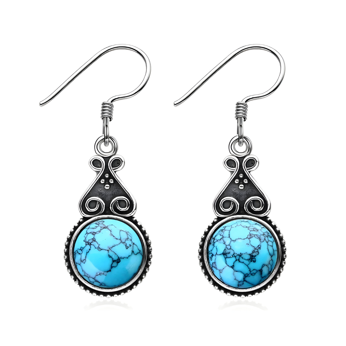 Boucles d’oreilles Turquoise créoles argent 925 pendantes ornées de perles naturelles turquoise rondes serties sur monture incurvée finition polie