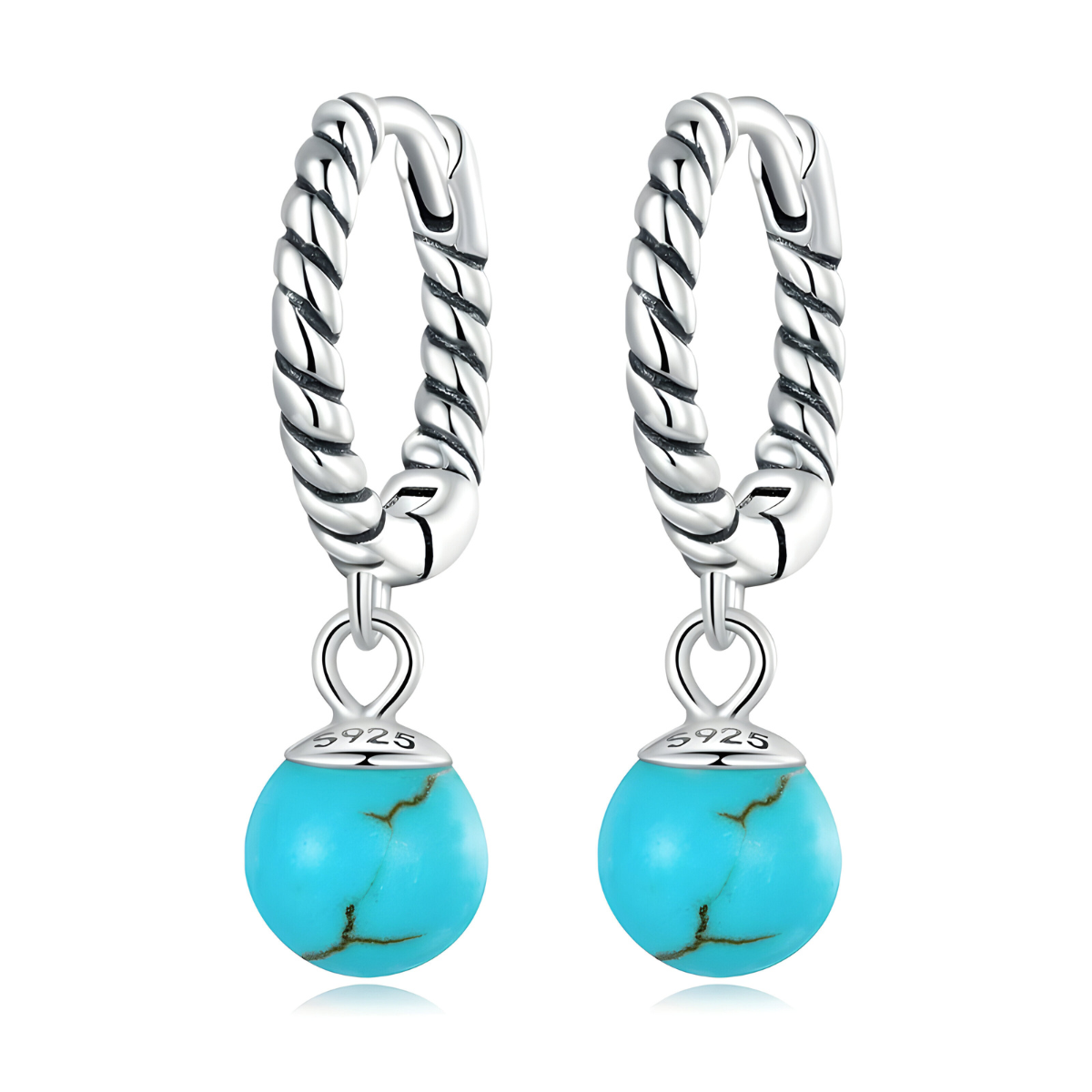 Boucles d’oreilles Turquoise créoles argent 925 ornées de perles en pierre naturelle turquoise ronde serties sur monture incurvée finition polie