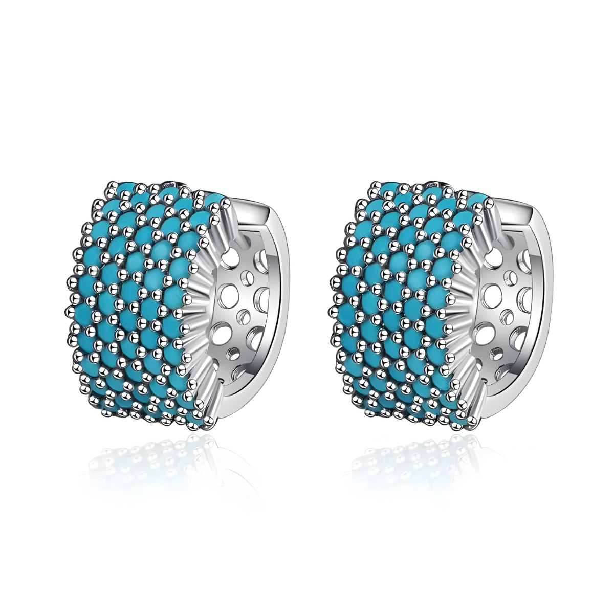 Boucles d’oreilles Turquoise pendantes en argent 925 ornées de pierre naturelle turquoise ronde facettée sertie sur monture ajourée style vintage