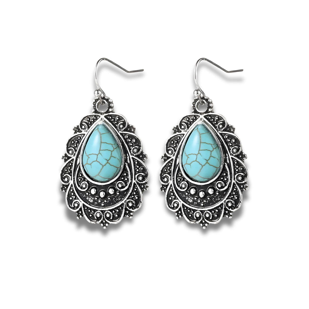 Boucles d’oreilles Turquoise pendantes en argent 925 ornées de perles naturelles turquoise rondes serties sur monture incurvée finition polie