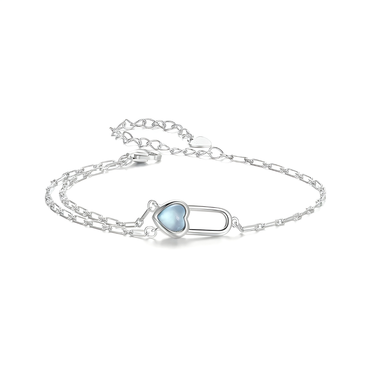 Bracelet aigue marine argent avec double chaîne fine et pendentif cadenas en forme de cœur serti d’une pierre bleue en cabochon