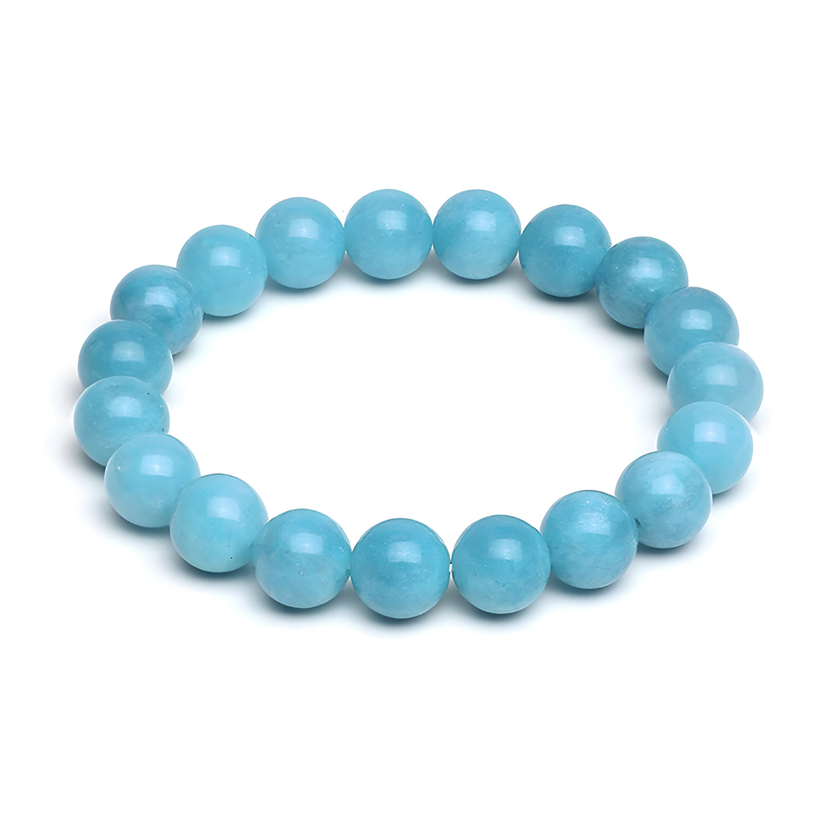 Bracelet aigue marine élastique composé de perles rondes polies bleu turquoise alignées uniformément autour d’un fil invisible