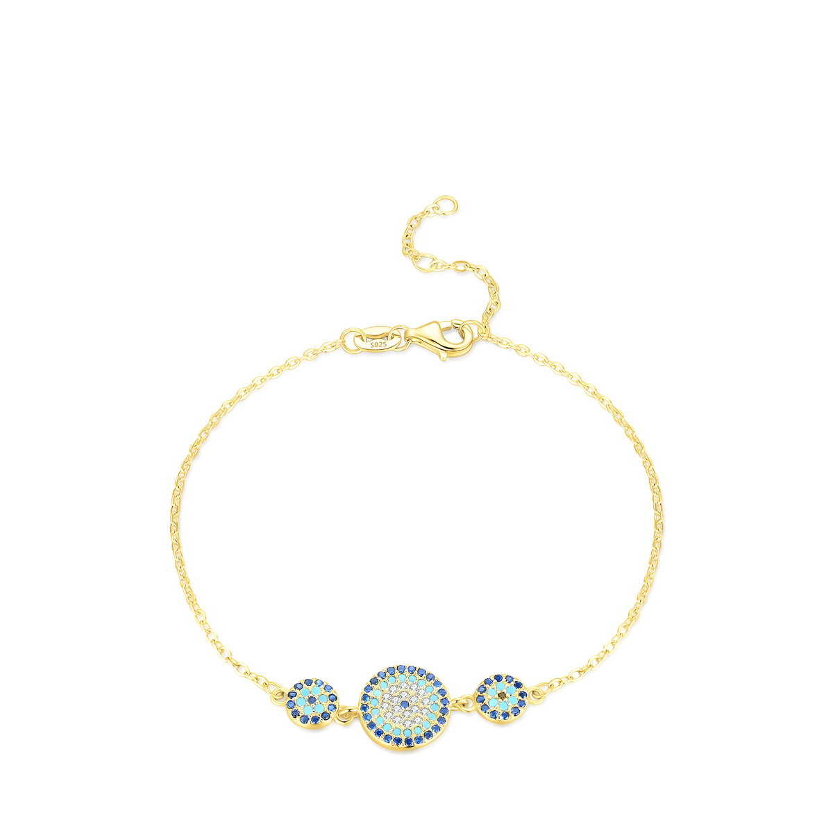 bracelet aigue marine plaqué or avec motifs circulaires sertis de cristaux bleus