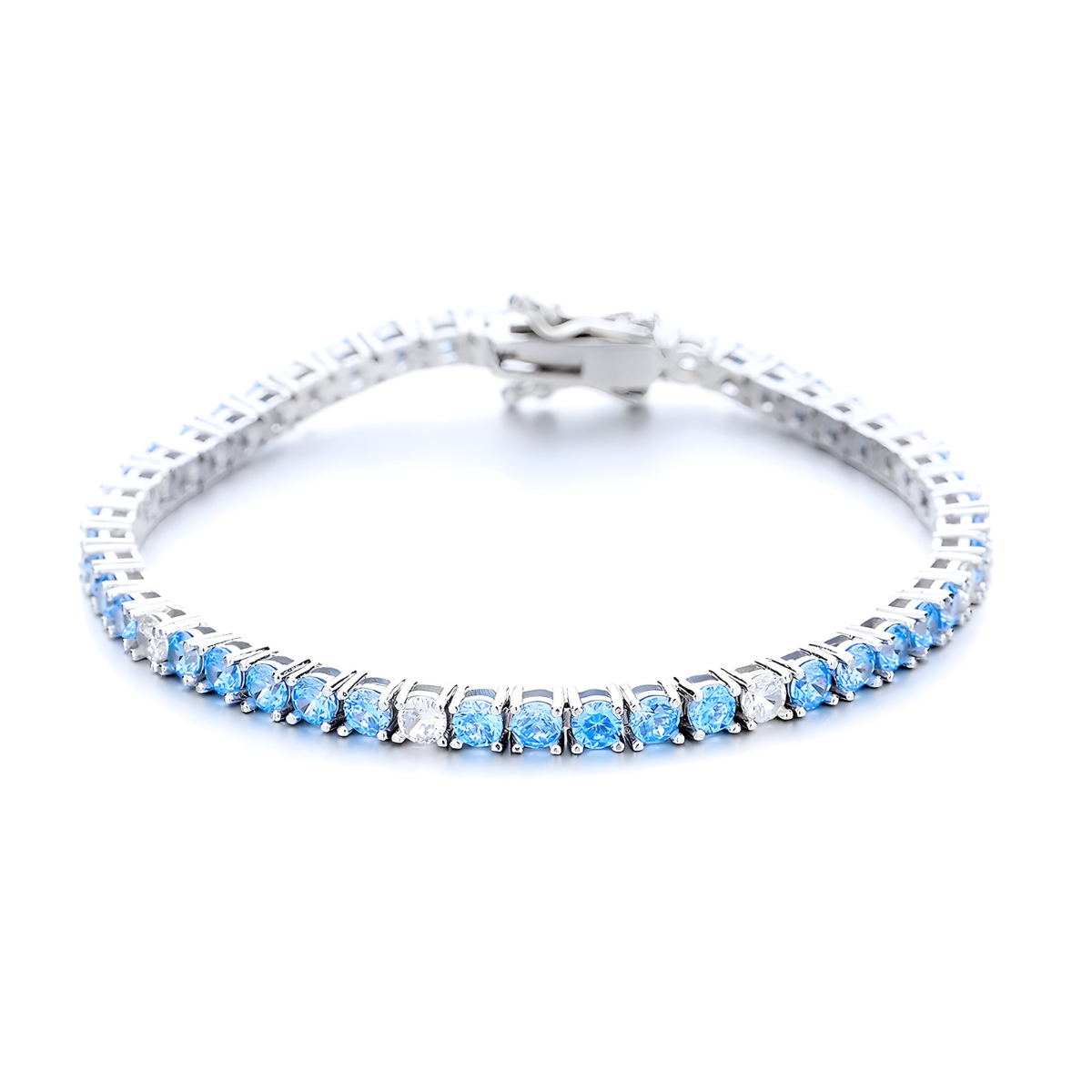 Bracelet aigue marine en argent orné de pierres rondes bleues et blanches serties sur un fermoir à cliquet discret