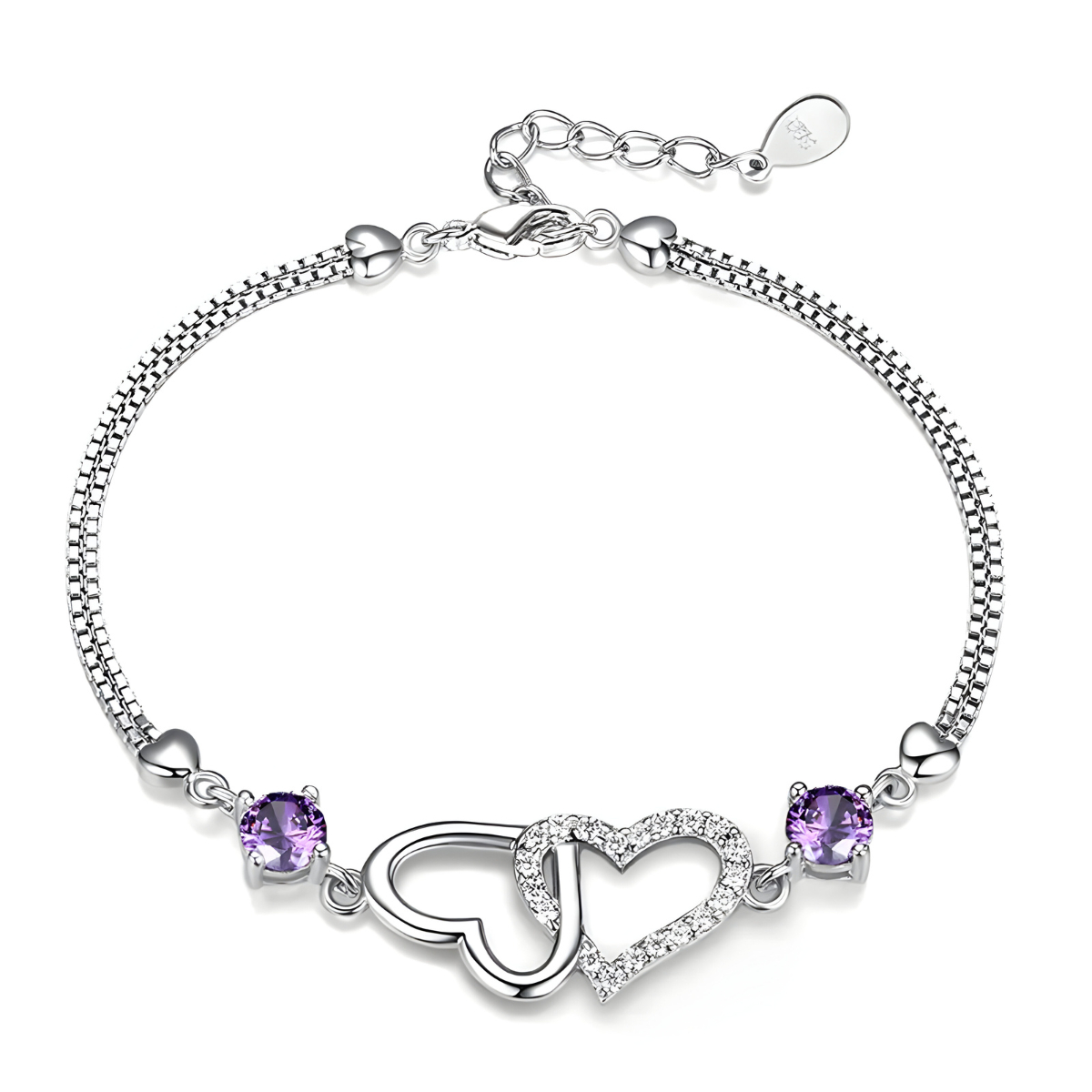 bracelet améthyste double chaîne en argent avec pendentif cœurs entrelacés et pierres violettes