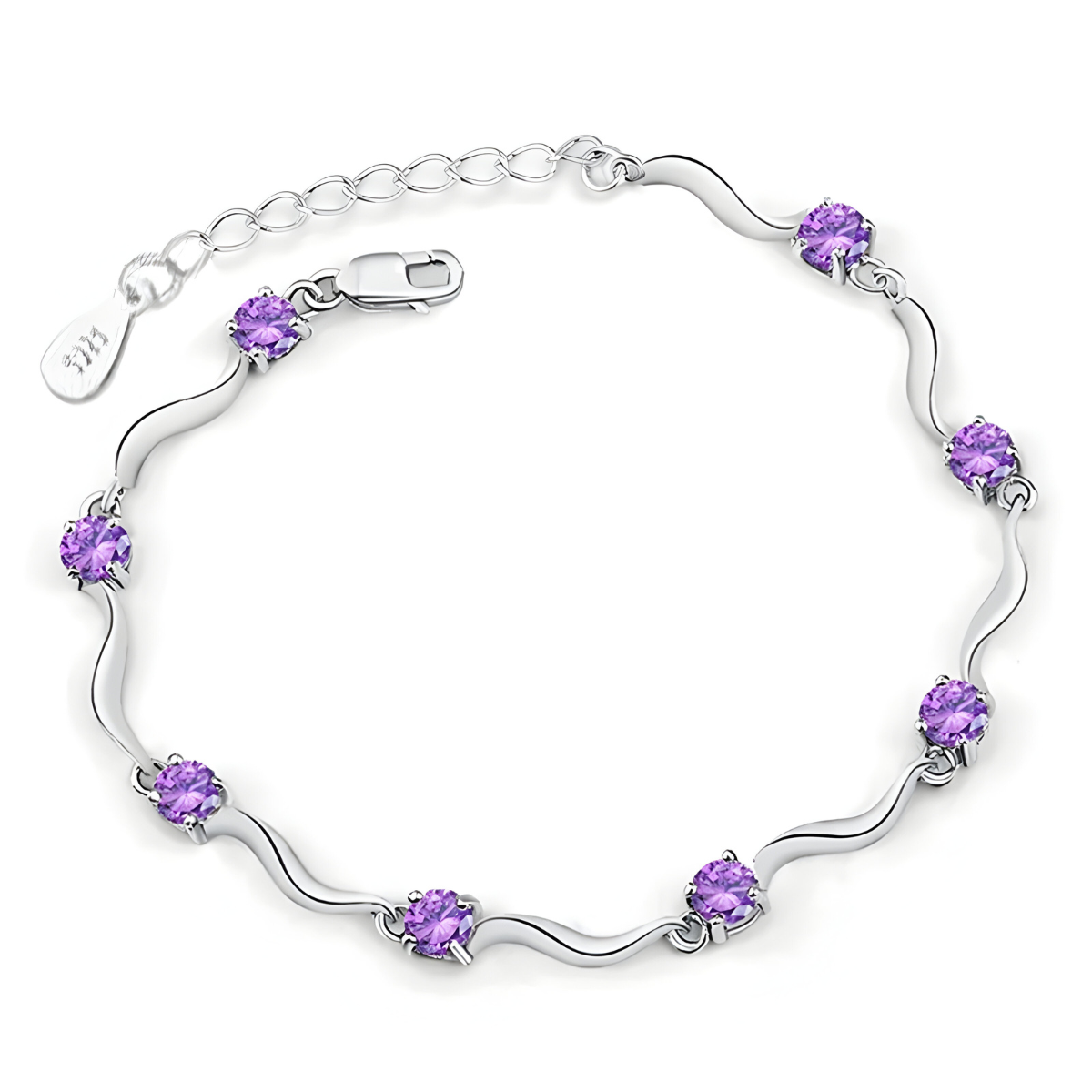 bracelet améthyste argent avec pierres rondes violettes et maillons ondulés