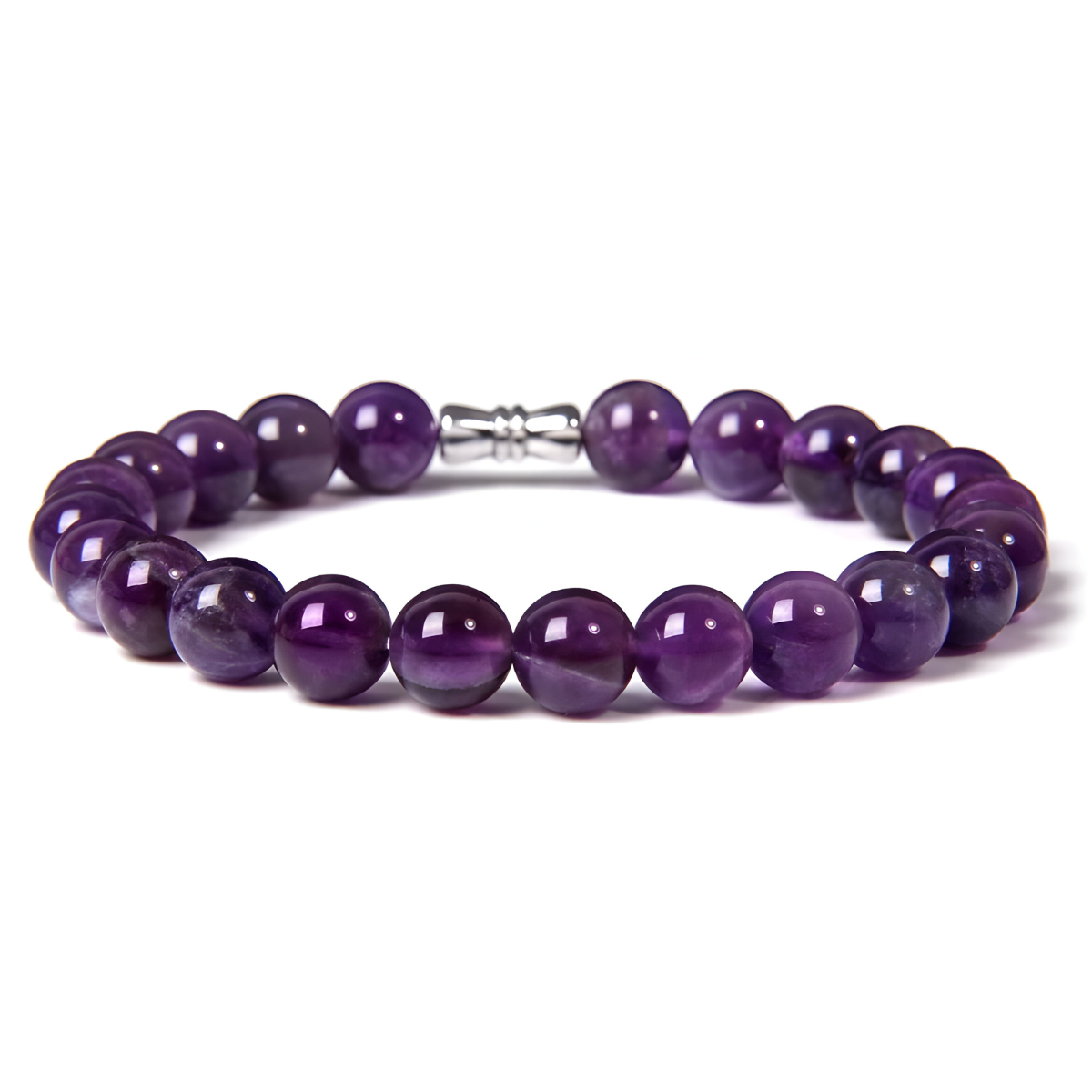 bracelet améthyste avec perles rondes violettes en pierre naturelle et fermoir métallique discret