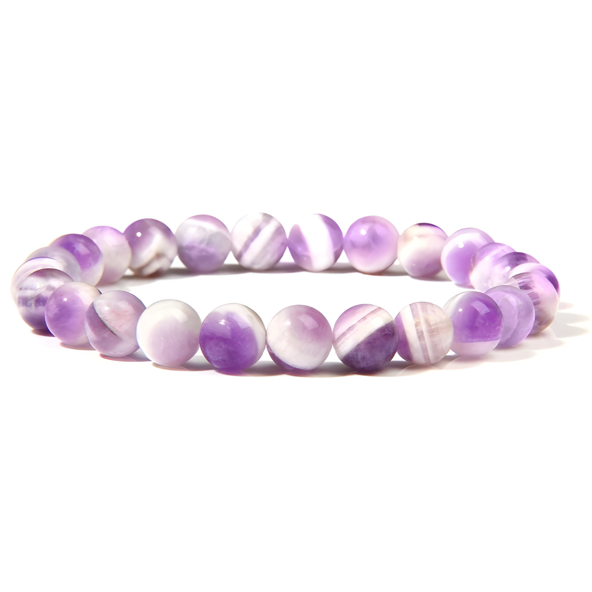 bracelet améthyste en perles rondes violettes et blanches aux motifs rayés naturels
