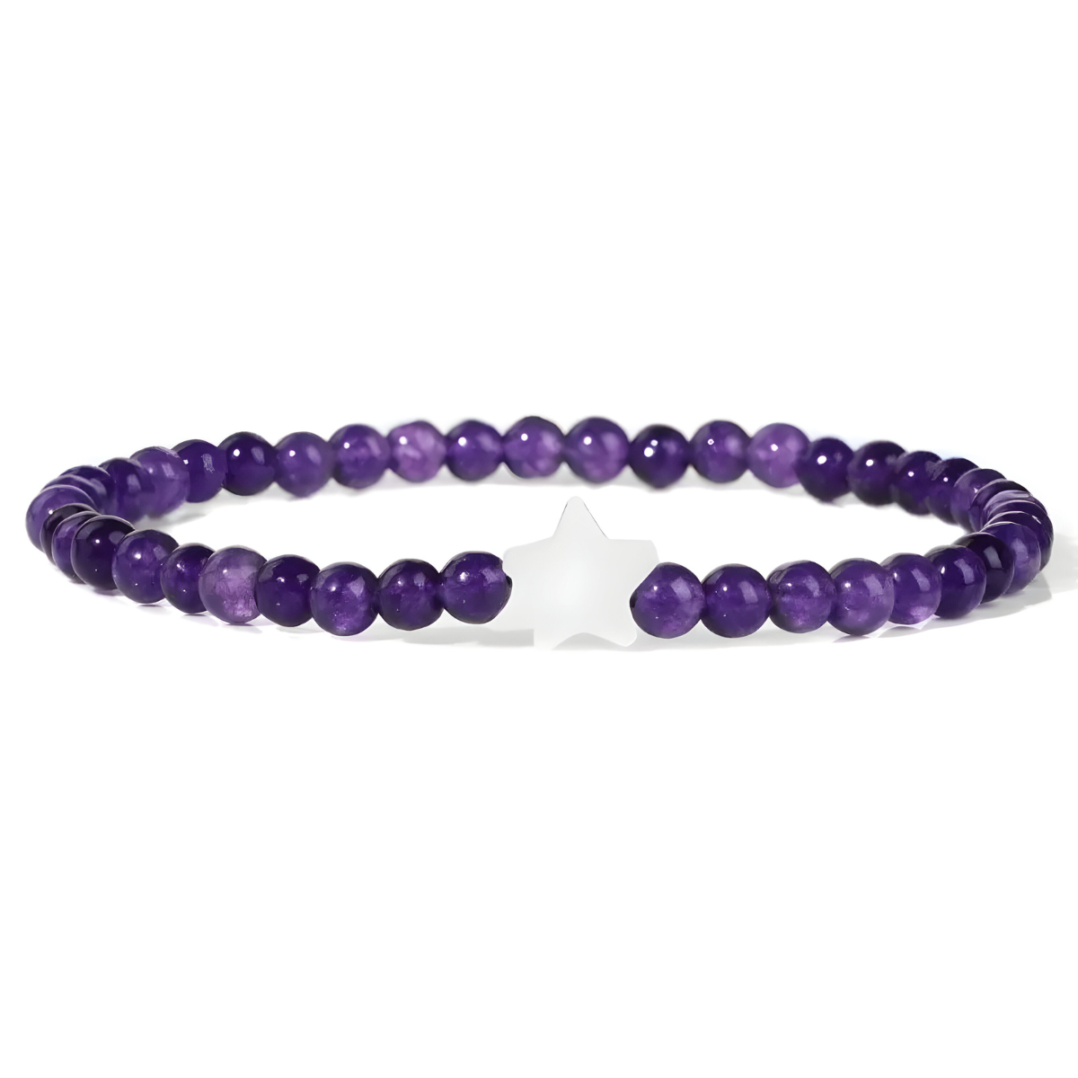 bracelet améthyste perles fines violettes avec étoile blanche en pierre au centre