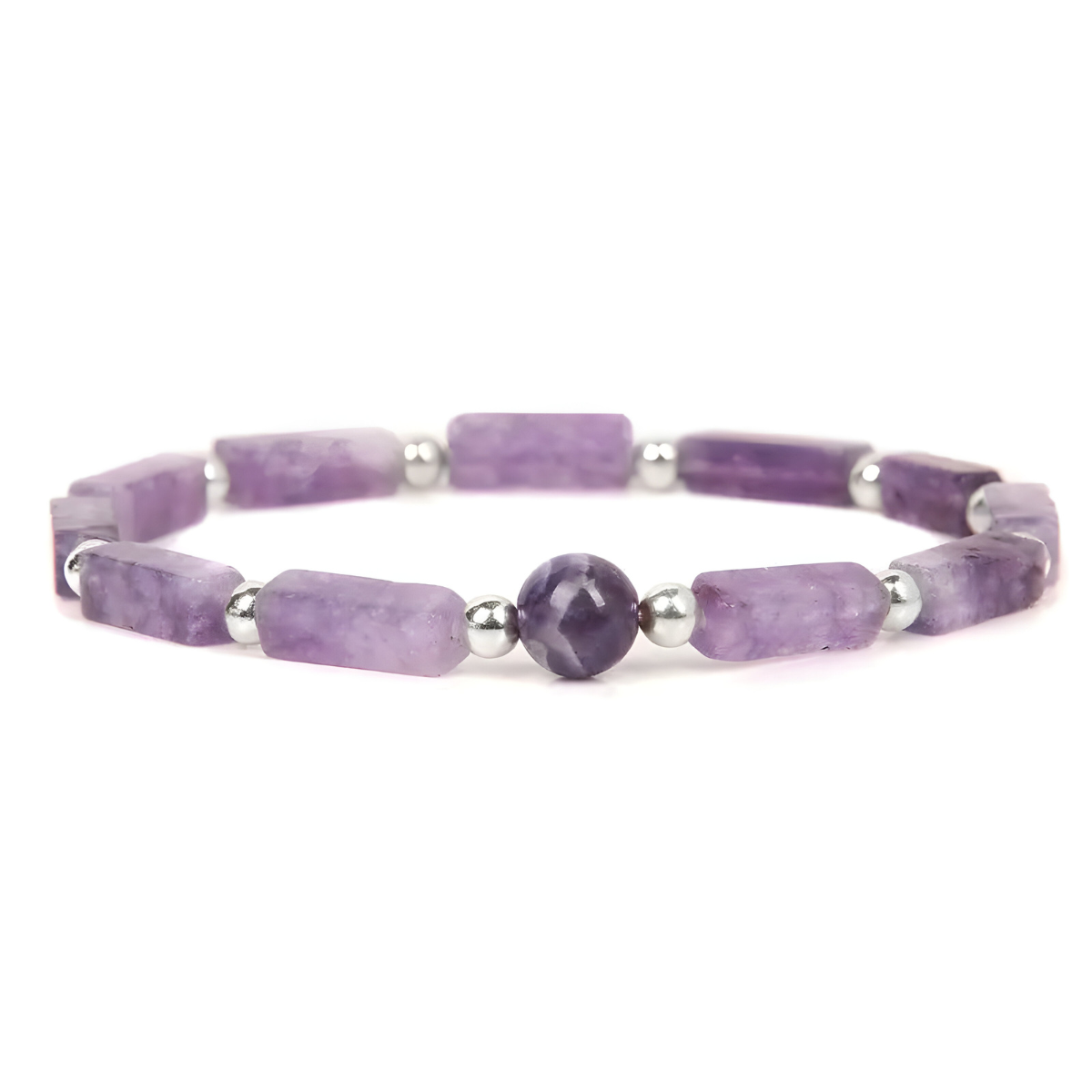 bracelet améthyste avec perles cylindriques violettes et perle centrale ronde