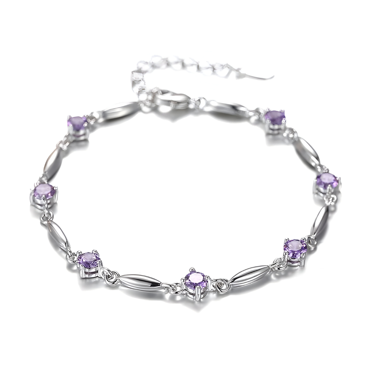 bracelet améthyste argent avec pierres violettes serties et maillons allongés
