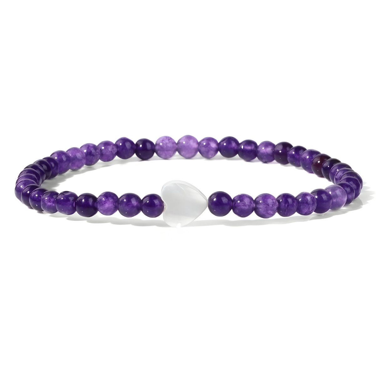 bracelet améthyste perles violettes avec cœur blanc en pierre au centre