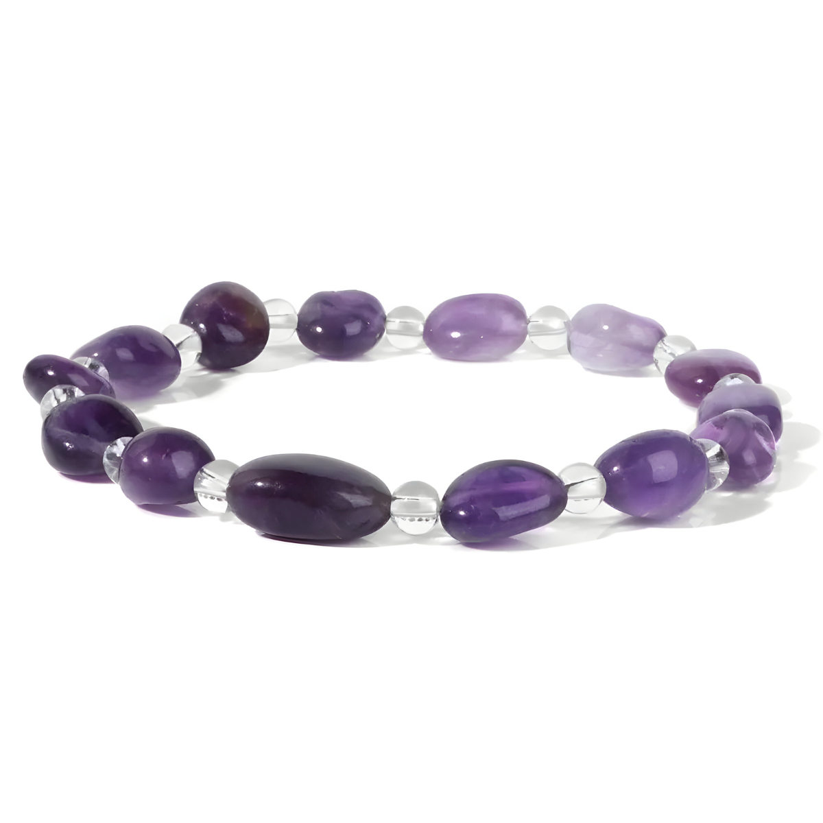 bracelet améthyste perles ovales violettes avec intercalaires en cristal transparent