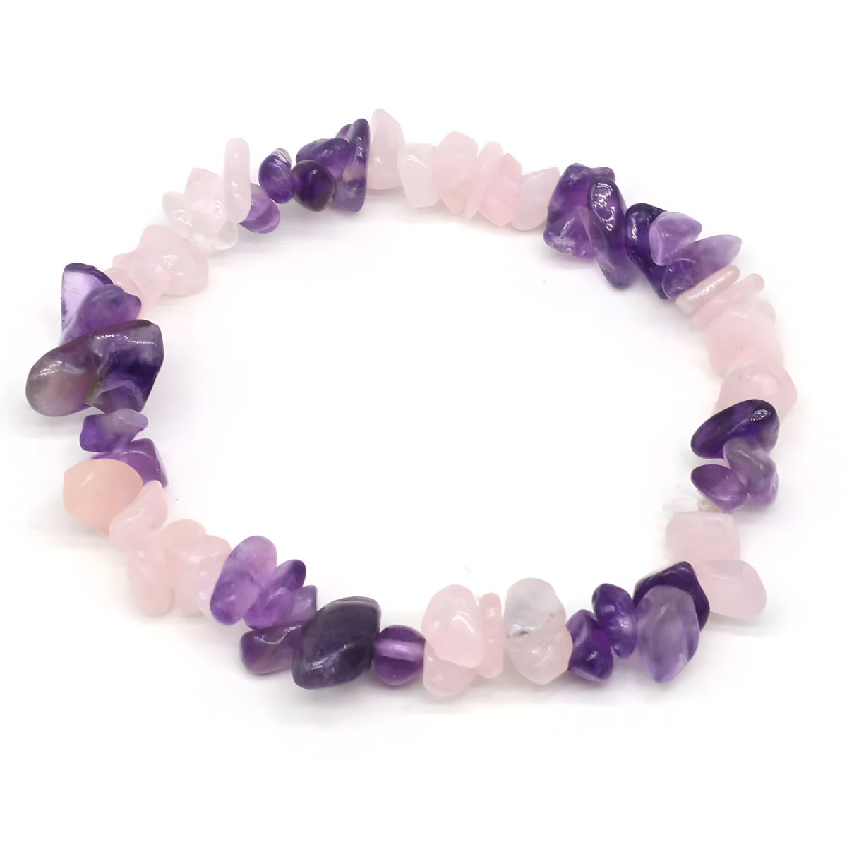 bracelet améthyste et quartz rose avec éclats de pierres violettes et roses
