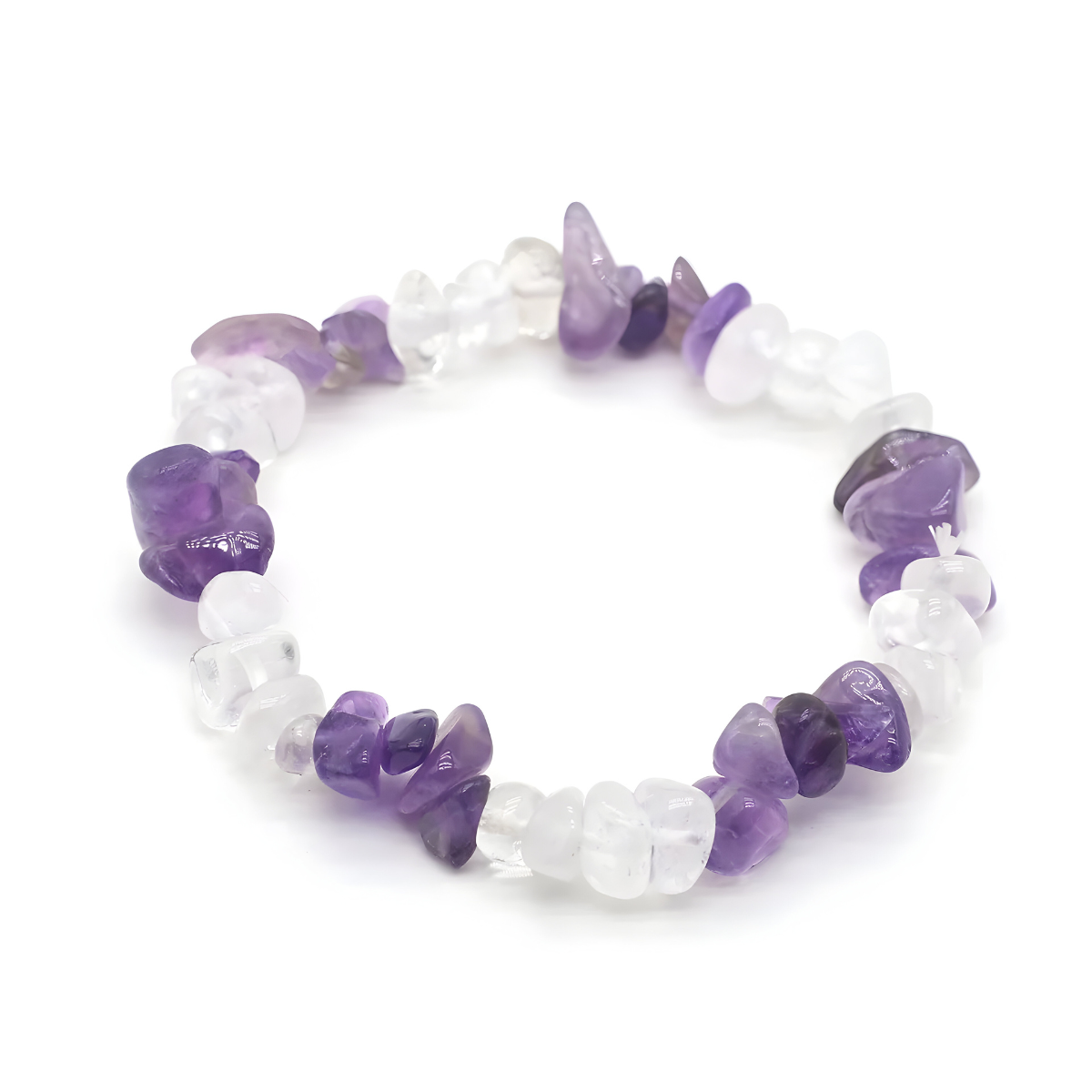 bracelet améthyste et cristal de roche avec éclats de pierres violettes et translucides