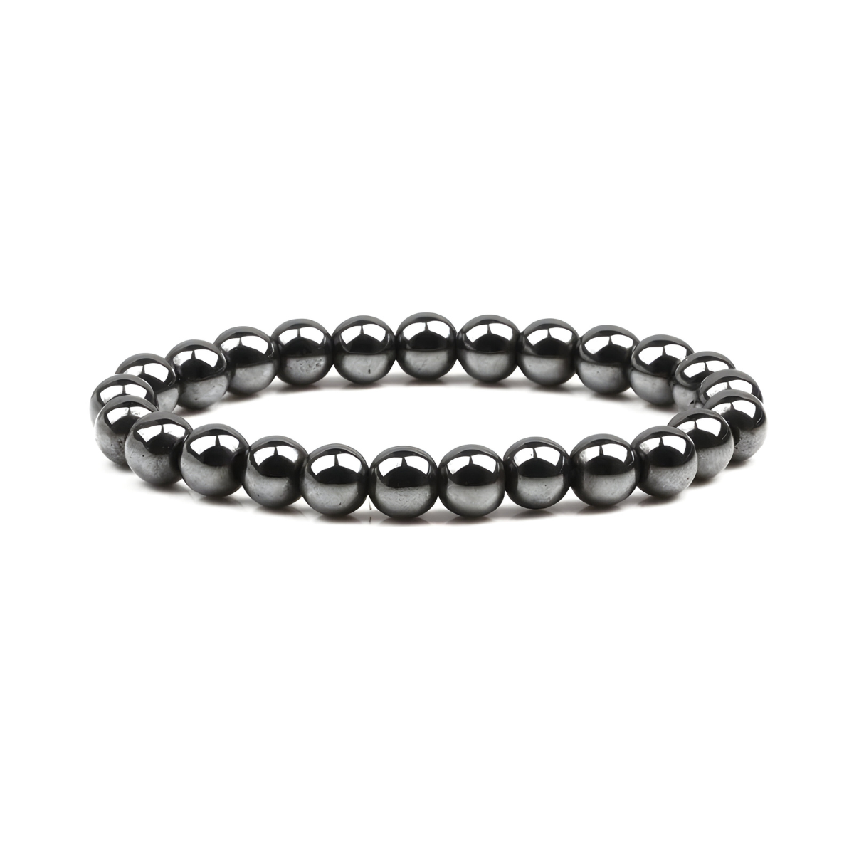 bracelet hématite composé de perles rondes gris métallisé à surface polie montées sur un fil élastique fin et résistant