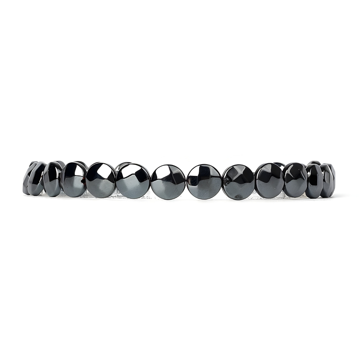 bracelet hématite avec perles plates rondes facettées en finition noir métallique brillante
