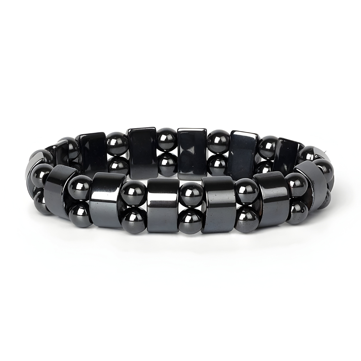 bracelet hématite avec alternance de perles rondes et cylindriques gris métallisé montées sur deux rangs élastiques brillants