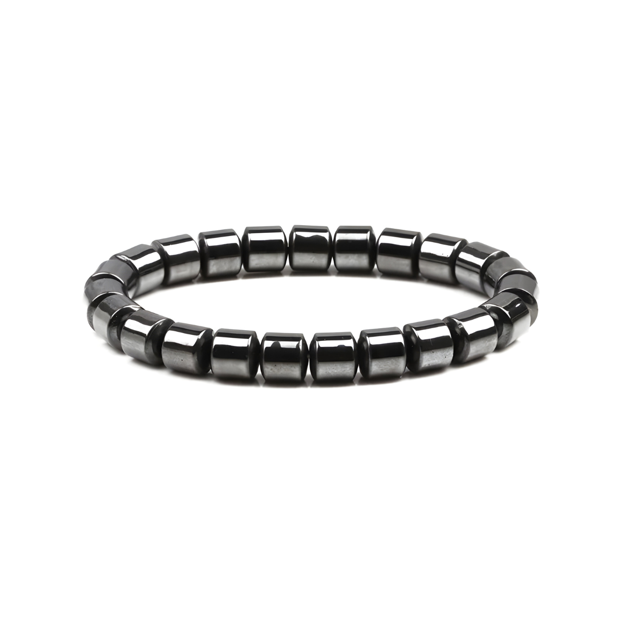 bracelet hématite composé de perles cylindriques gris foncé à surface lisse et brillante montées sur un fil élastique résistant