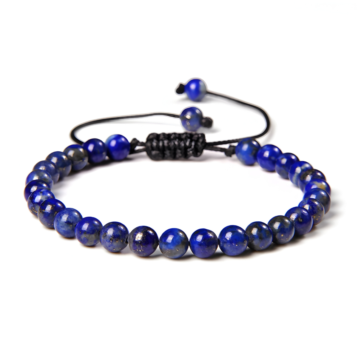 bracelet lapis lazuli avec perles rondes bleu profond marbrées de doré montées sur cordon noir avec nœud coulissant ajustable