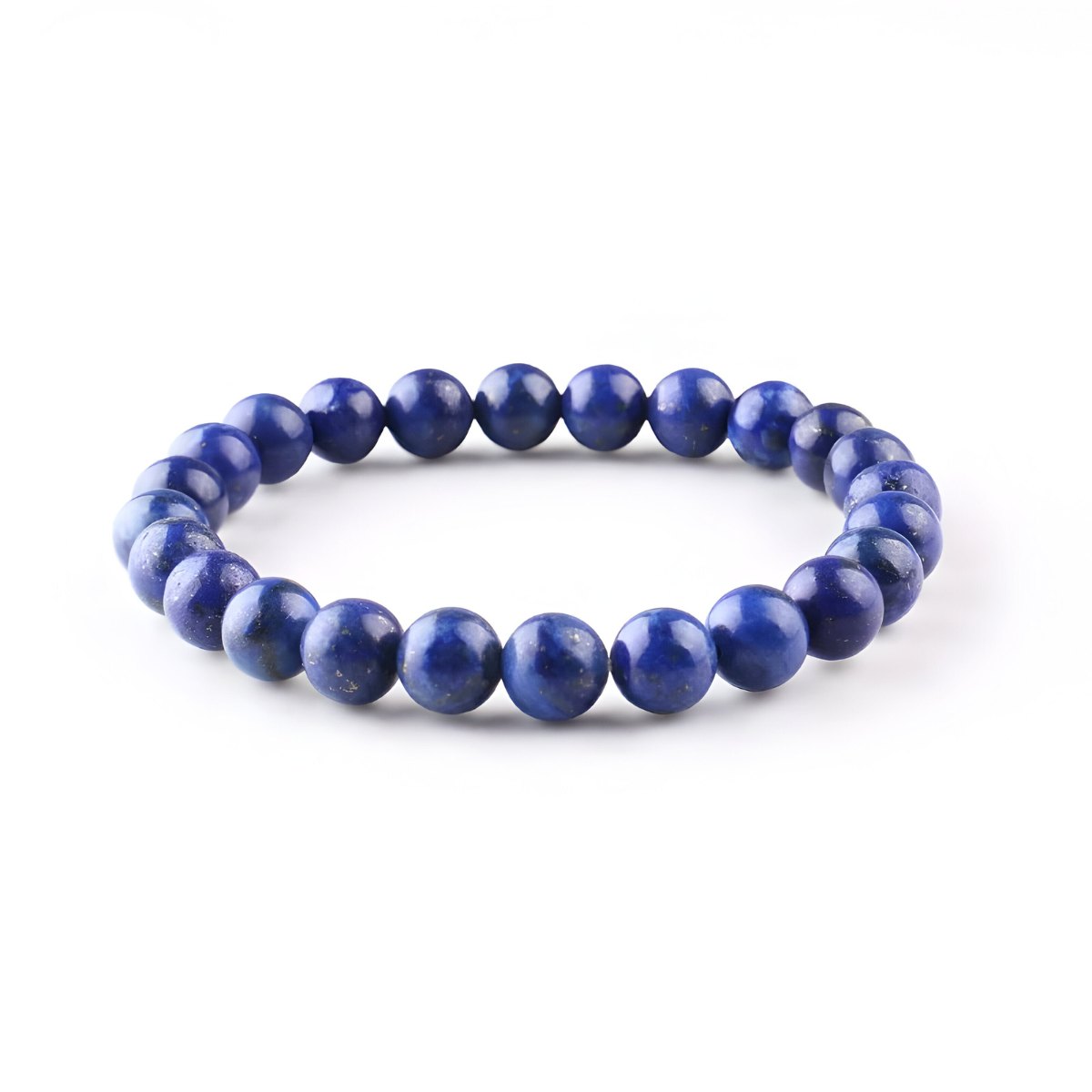 bracelet lapis lazuli composé de perles rondes bleu foncé unies légèrement marbrées montées sur un fil élastique discret