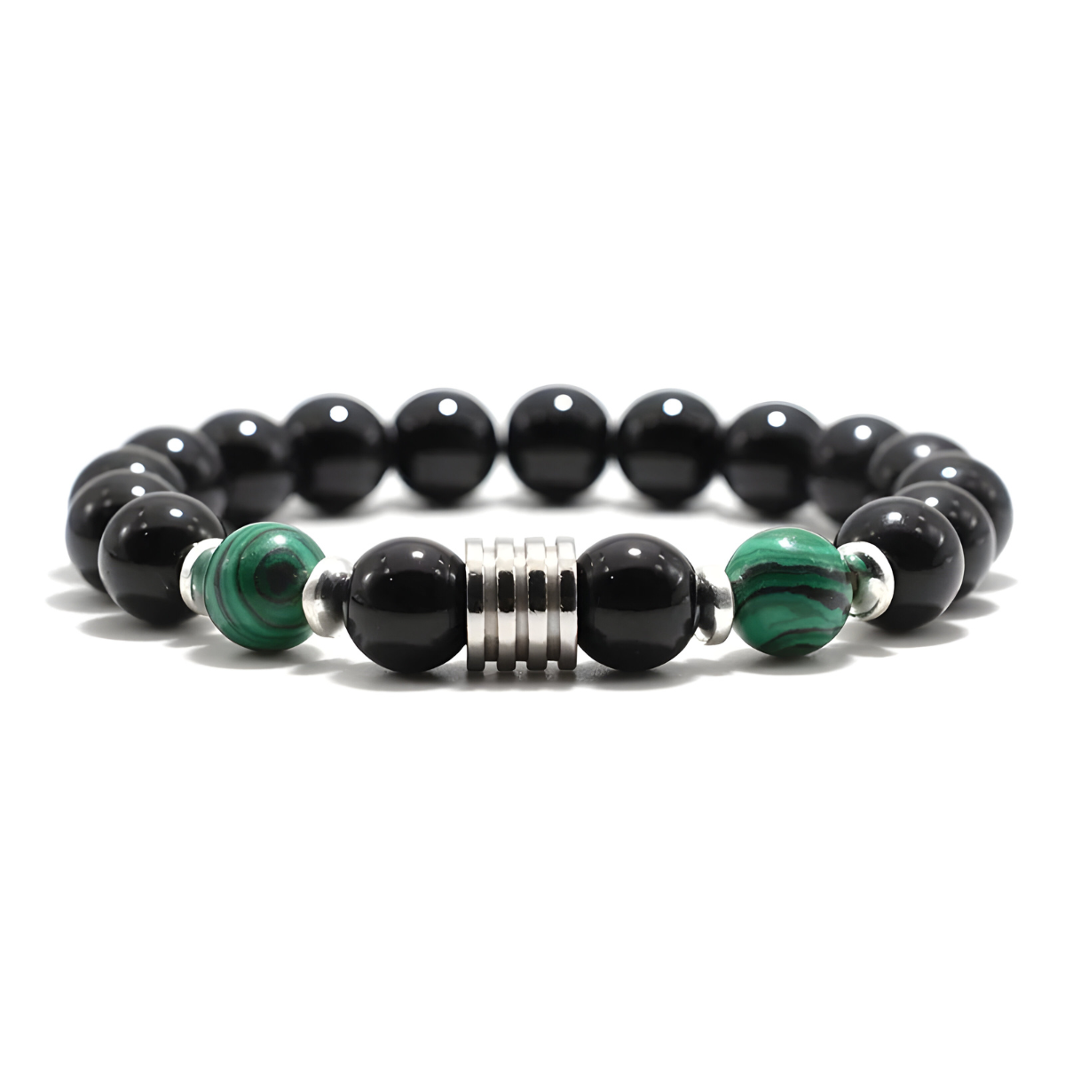 bracelet obsidienne avec perles noires brillantes, deux perles vertes en malachite et séparateur central en métal argenté strié