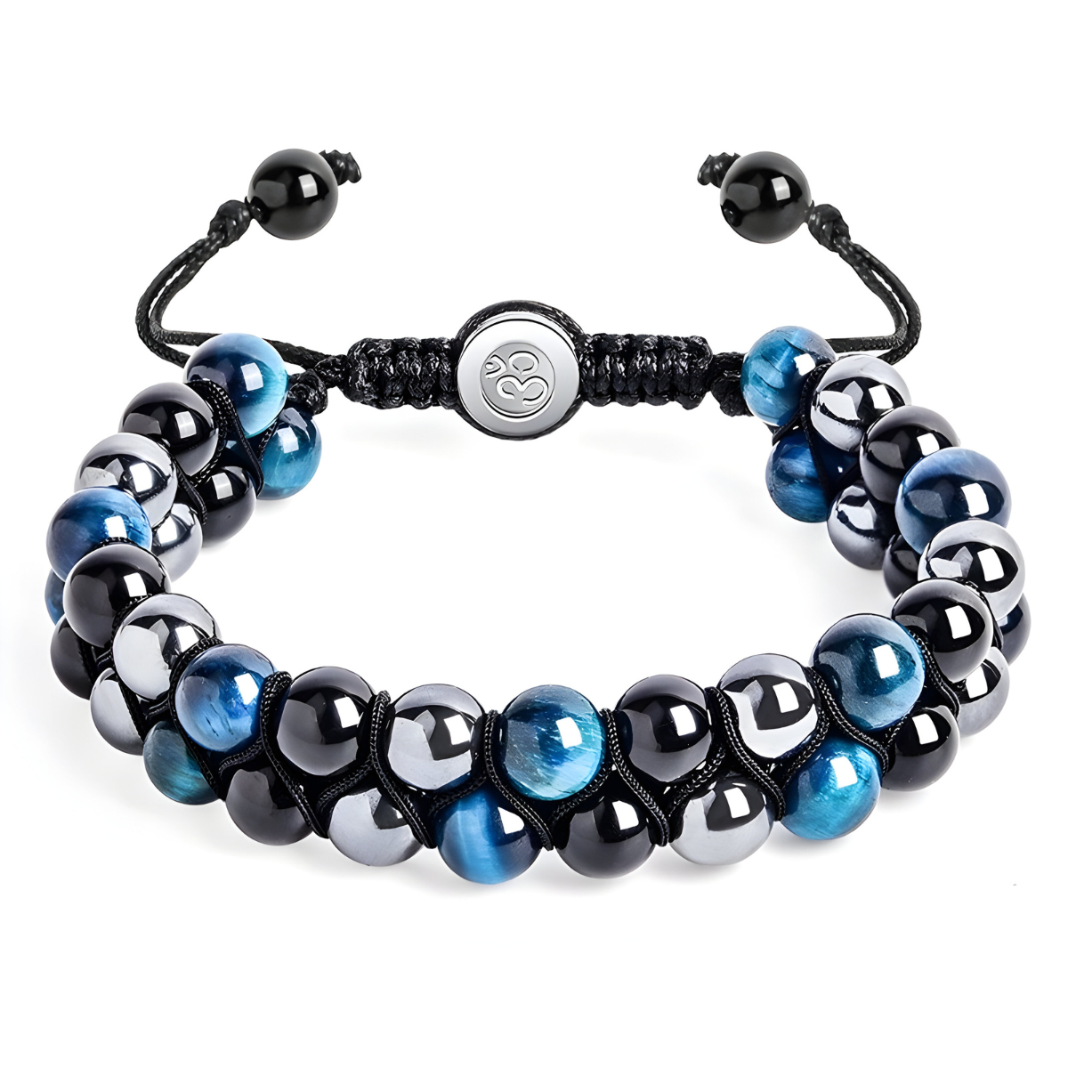 bracelet obsidienne double rang avec perles noires, bleu œil de chat et hématite montées sur cordon noir tressé avec fermoir rond métallique