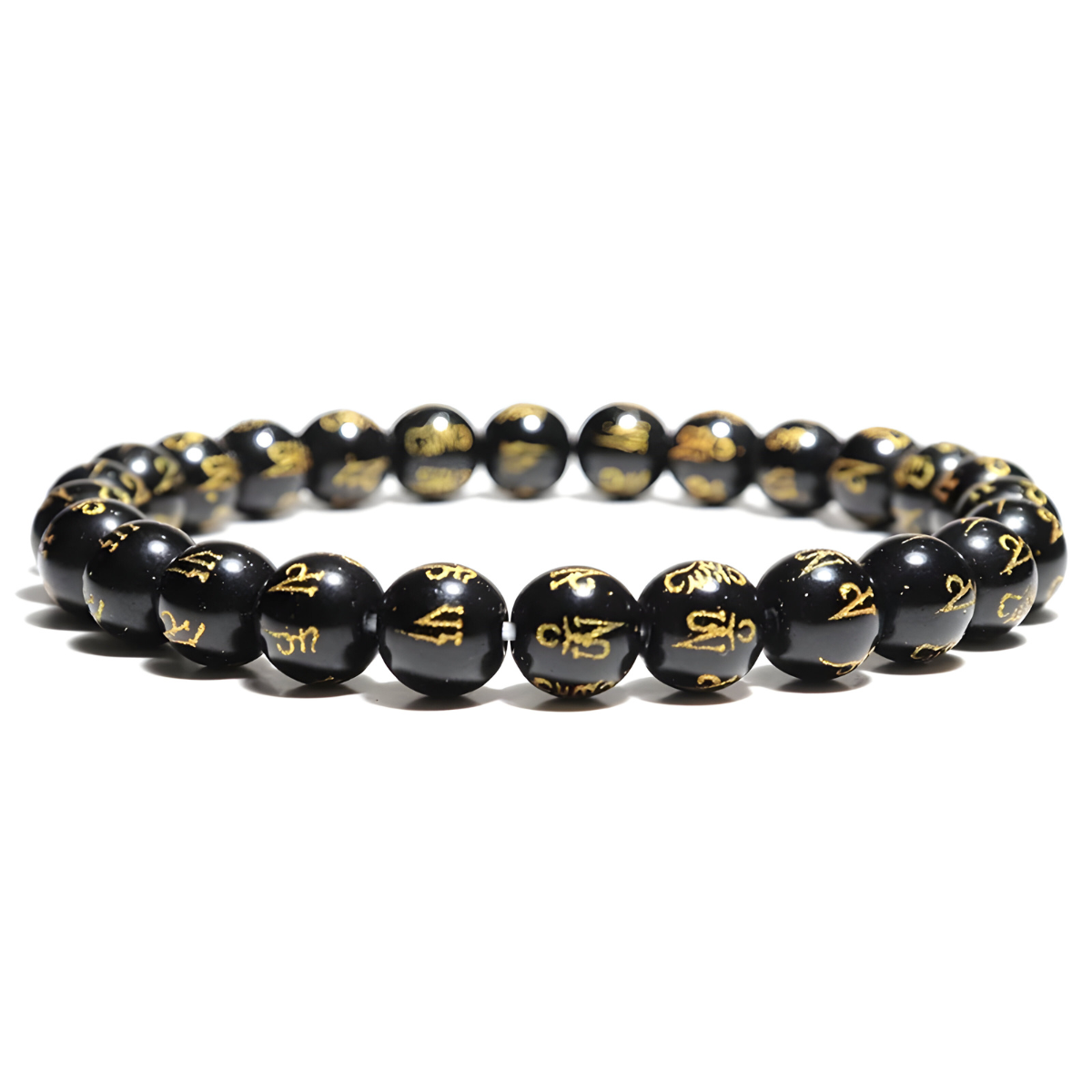 bracelet obsidienne dorée avec perles noires gravées de symboles dorés style tibétain