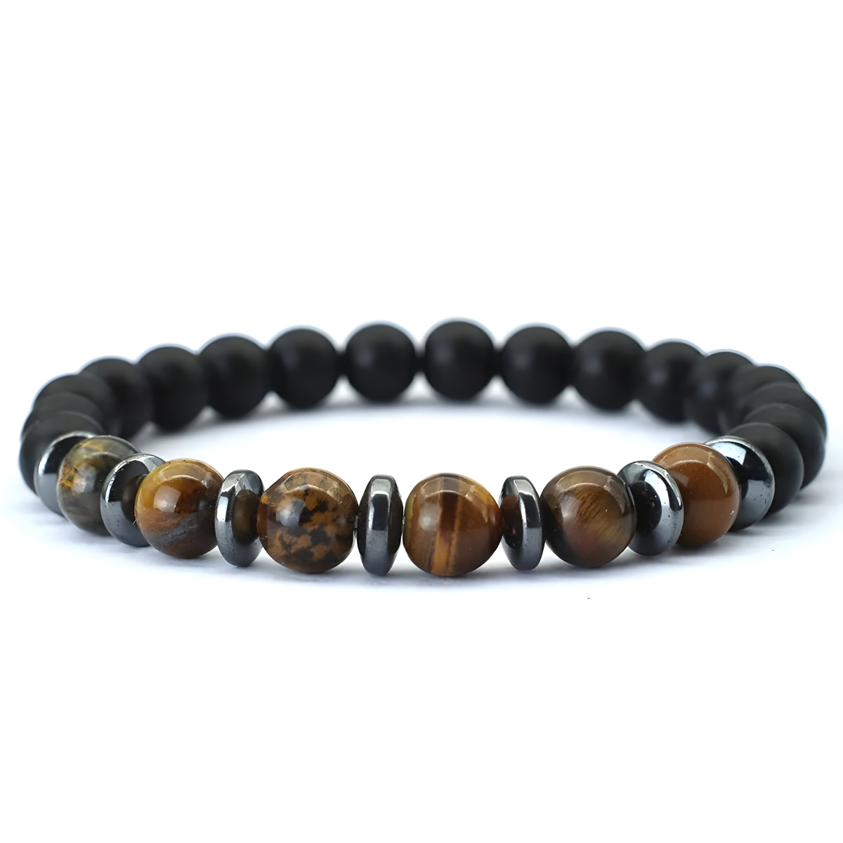 Bracelet oeil de tigre avec perles marron veinées, disques noirs brillants et perles noires mates montées sur fil élastique