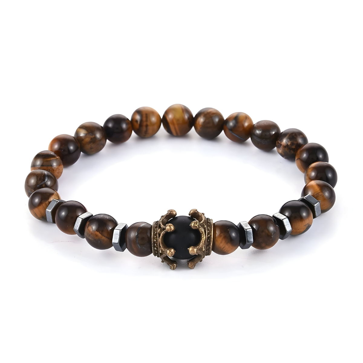 Bracelet oeil de tigre avec perles marron foncé lisses, perles hexagonales métalliques et perle centrale noire sertie dans une couronne dorée