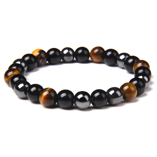 Bracelet œil de tigre et onyx avec perles noires brillantes et perles marron doré montées sur fil élastique