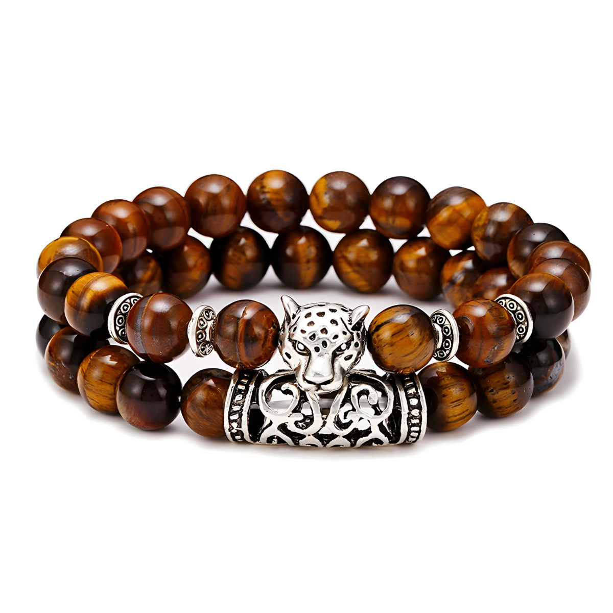 Bracelet oeil de tigre véritable double rang avec perles marron doré lisses et tête de félin argentée sculptée au centre