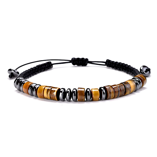 Bracelet œil de tigre et hématite avec perles plates monté sur cordon noir ajustable