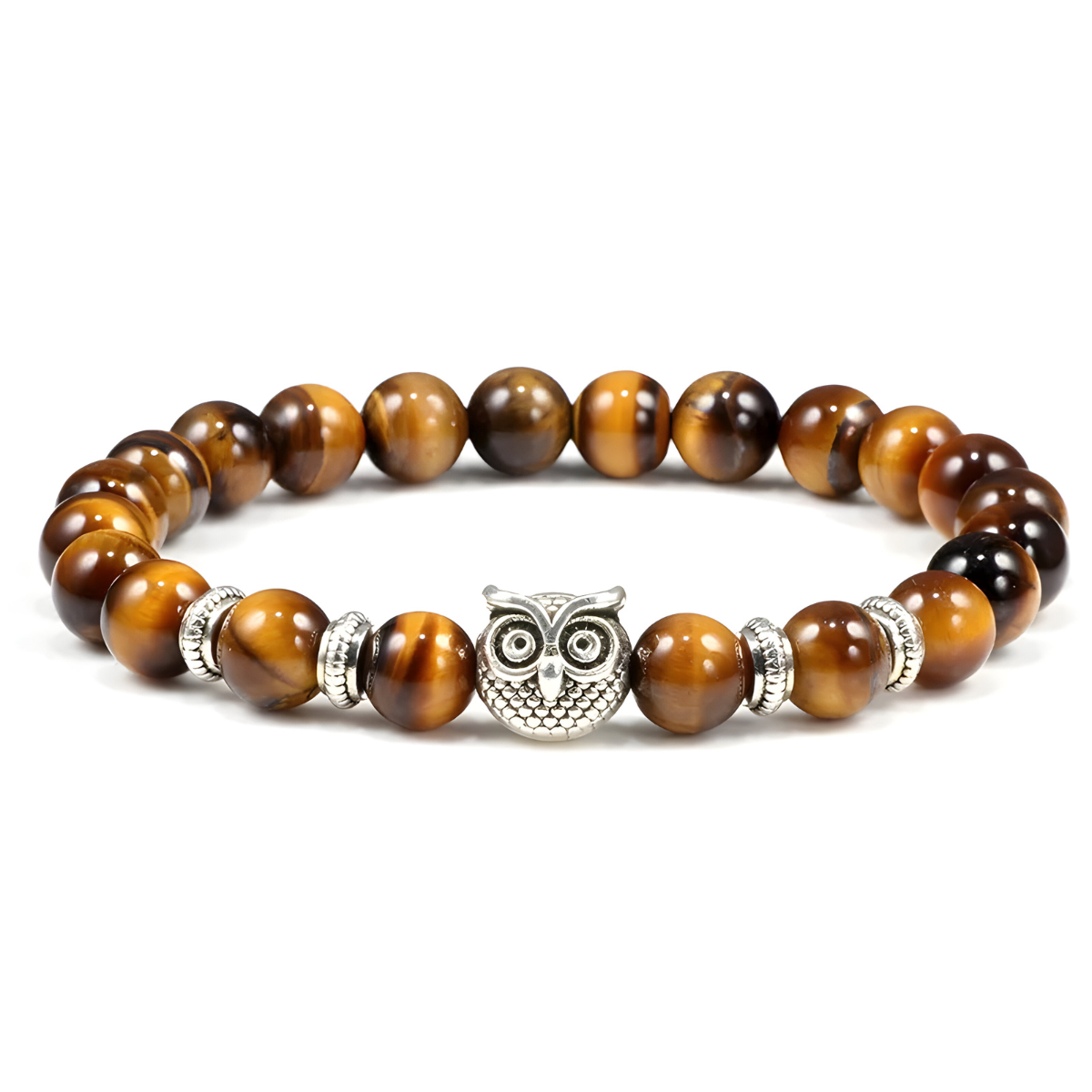 Bracelet oeil de tigre avec perles marron doré lisses agrémenté d’un pendentif tête de hibou argenté et de séparateurs décoratifs