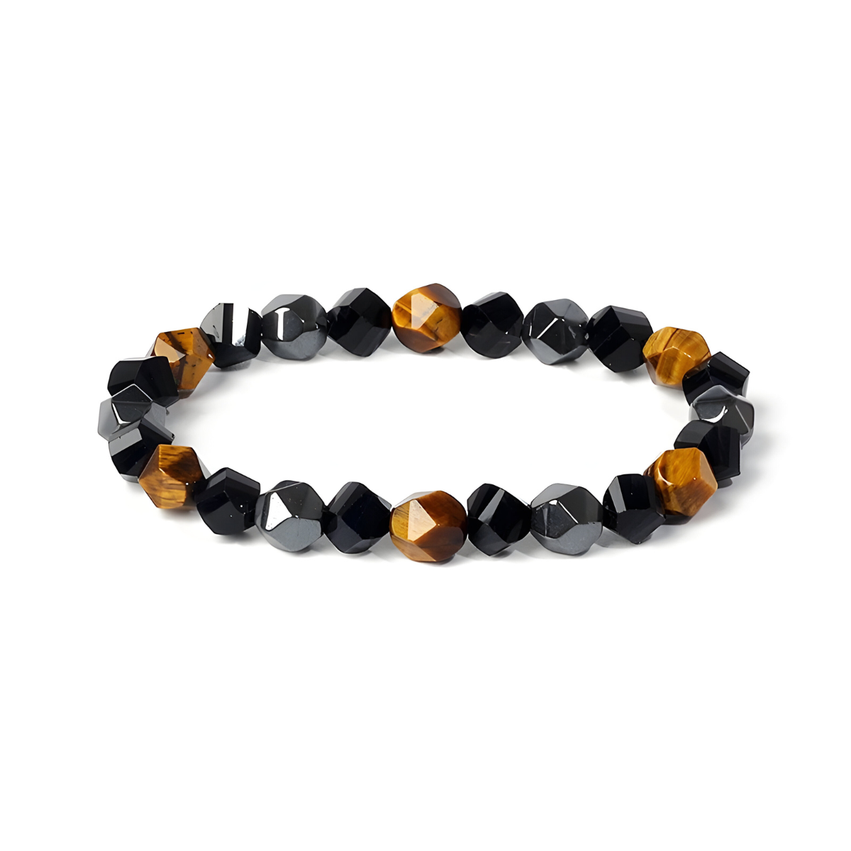 Bracelet oeil de tigre composé de perles facettées noires et marron doré aux formes géométriques montées sur élastique discret