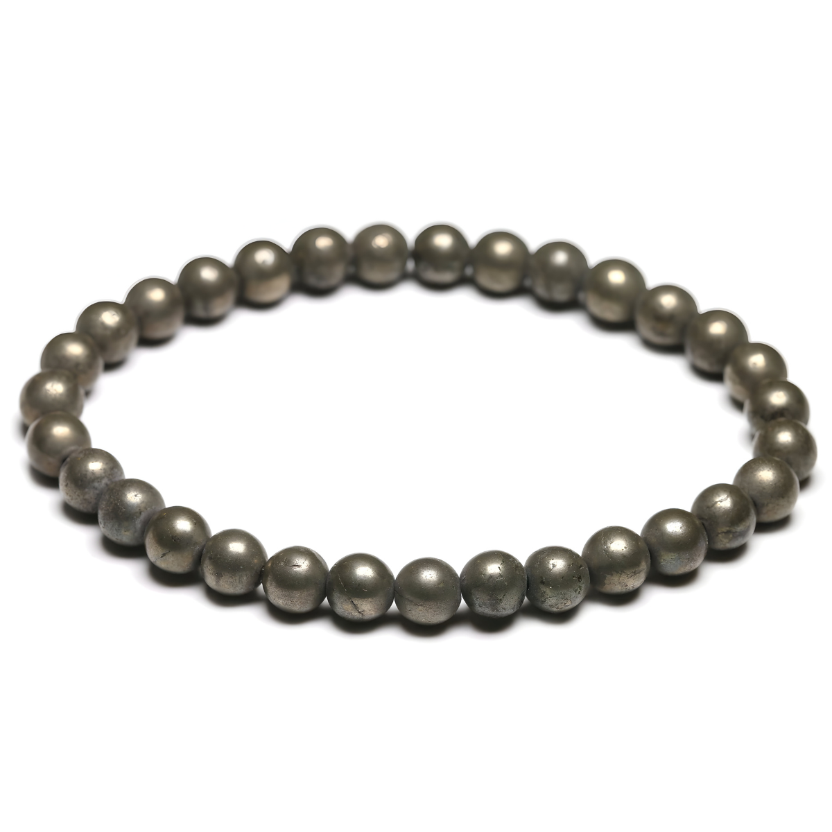 bracelet pyrite composé de perles rondes doré métallique à surface légèrement texturée montées en cercle sur un fil élastique