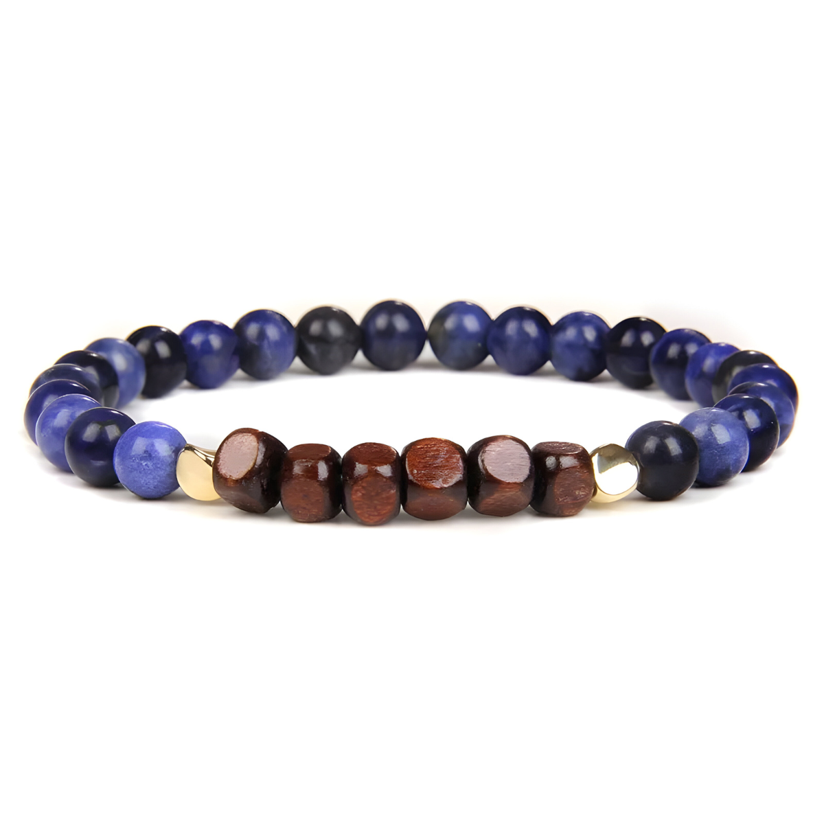 bracelet sodalite avec perles rondes bleu foncé associées à des perles cylindriques en bois marron et deux séparateurs dorés