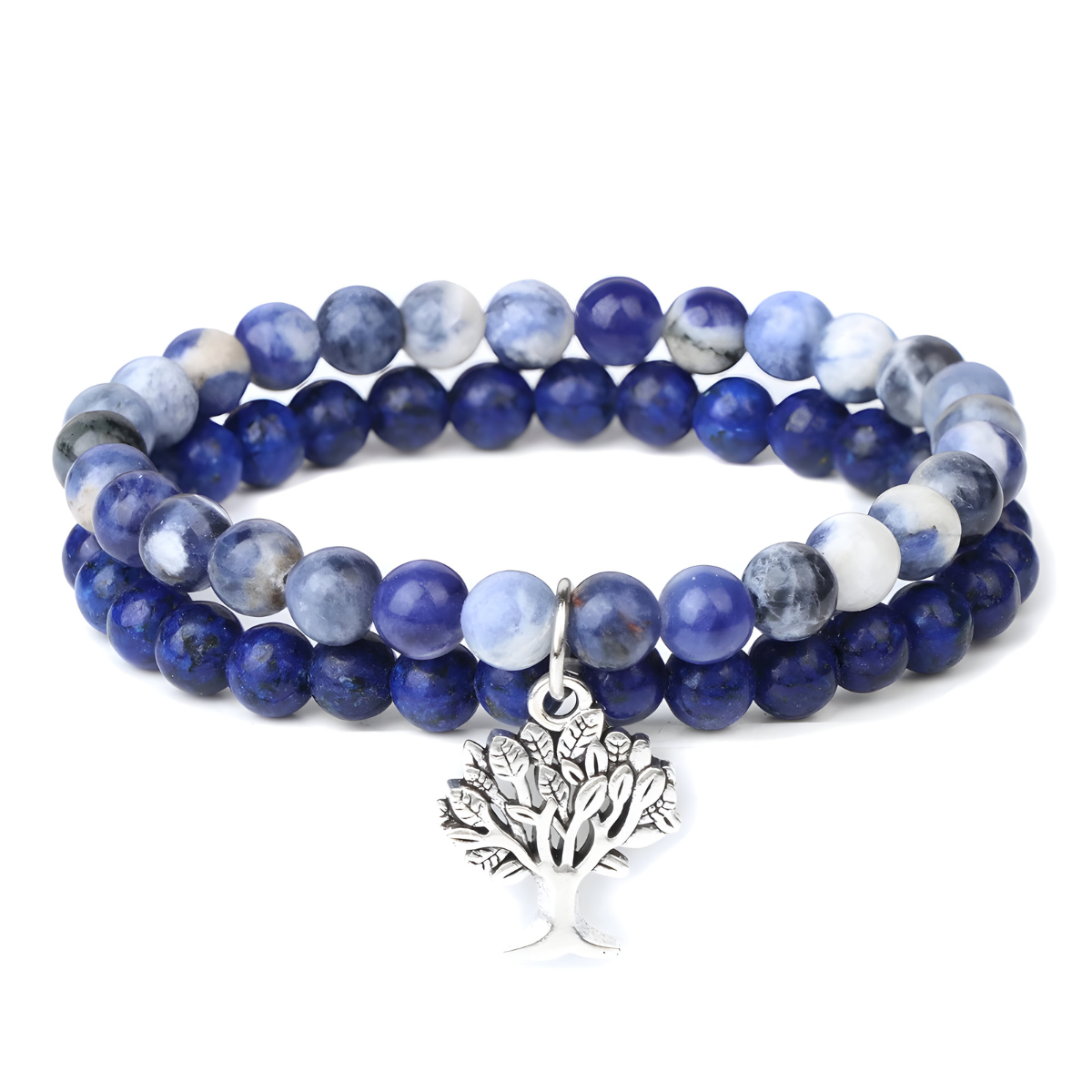 bracelet sodalite double rang en perles rondes bleu foncé et blanc marbré avec pendentif argenté en forme d’arbre de vie