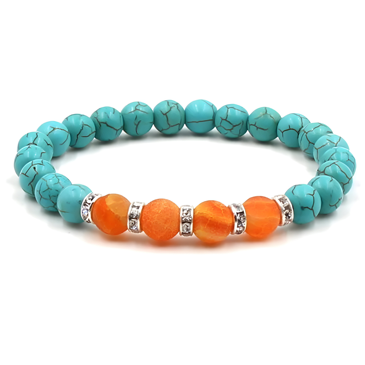 bracelet turquoise perles bleu turquoise et orange avec séparateurs argentés incrustés de strass