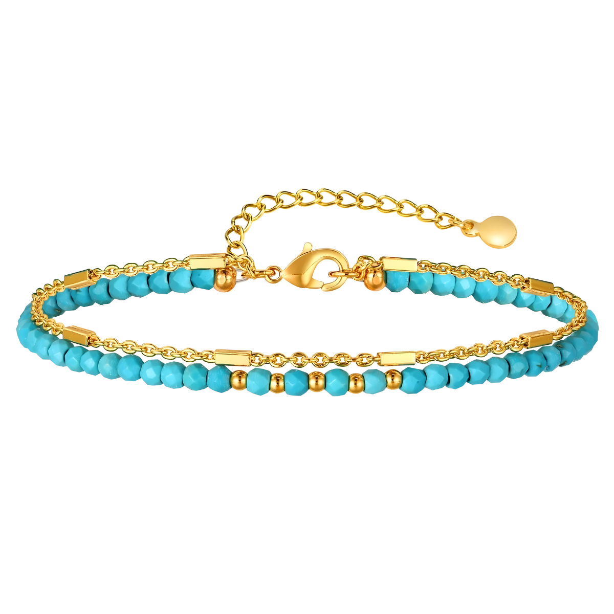 bracelet turquoise or avec perles facettées bleu clair montées sur une fine chaîne dorée avec fermoir mousqueton et chaînette réglable
