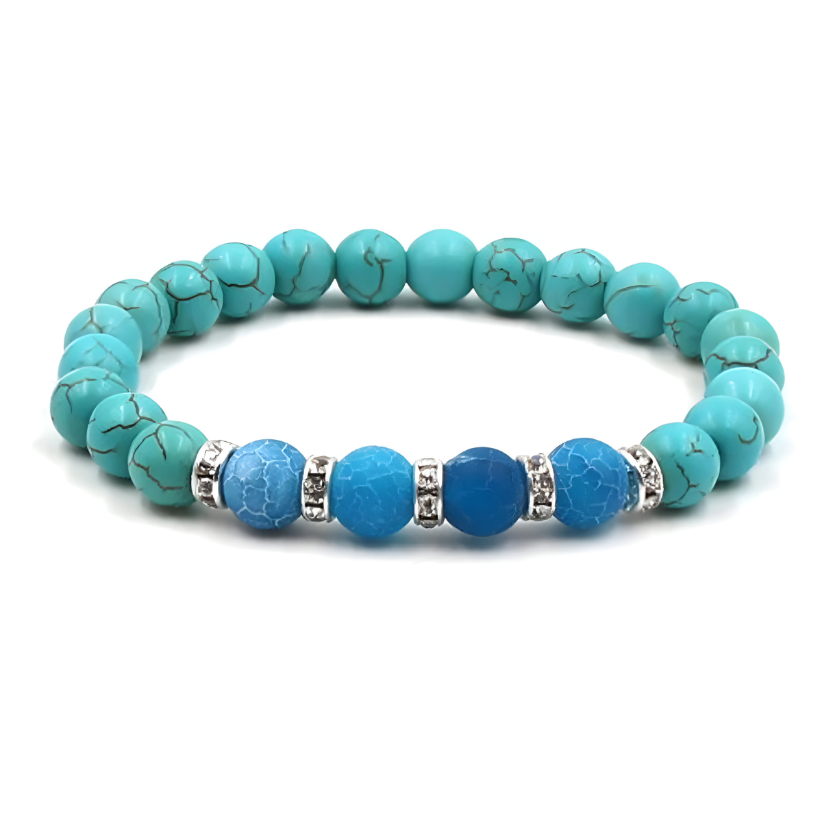 bracelet turquoise perles bleu clair et bleu foncé avec séparateurs argentés ornés de strass