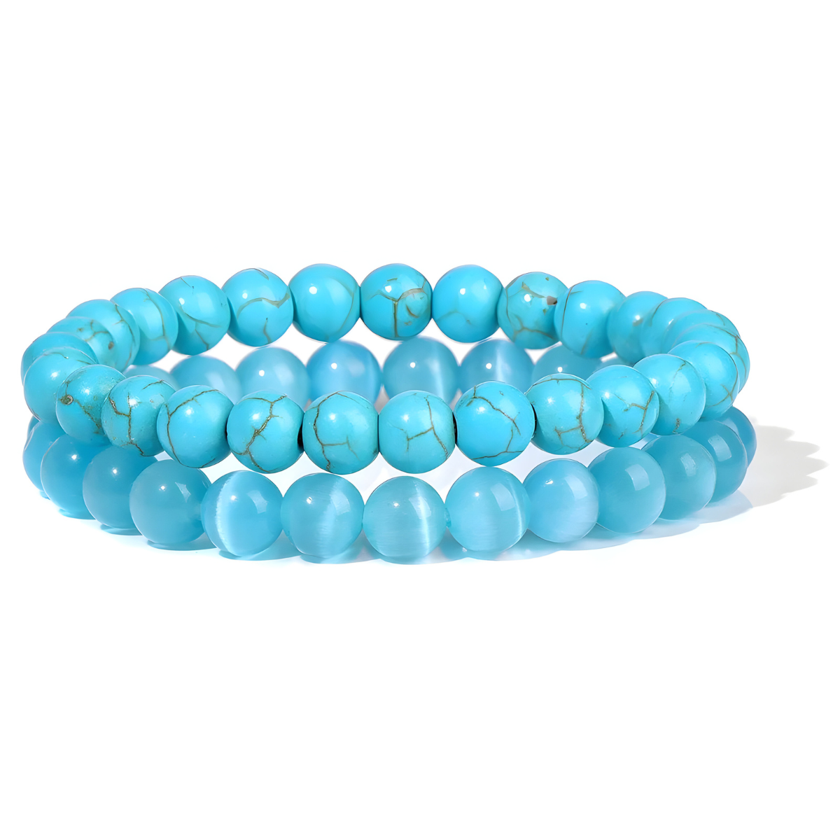 Bracelet turquoise bleu double rang avec perles lisses et marbrées monté sur fil élastique