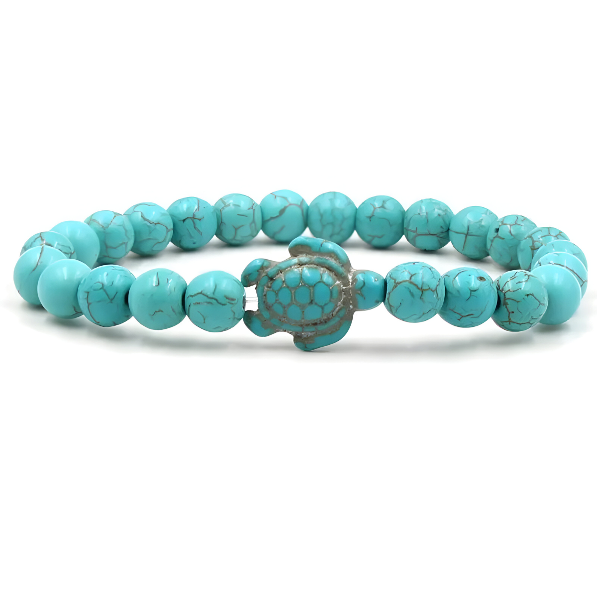 bracelet turquoise composé de perles rondes bleu clair marbrées et d’un motif central en forme de tortue sculptée avec détails gravés