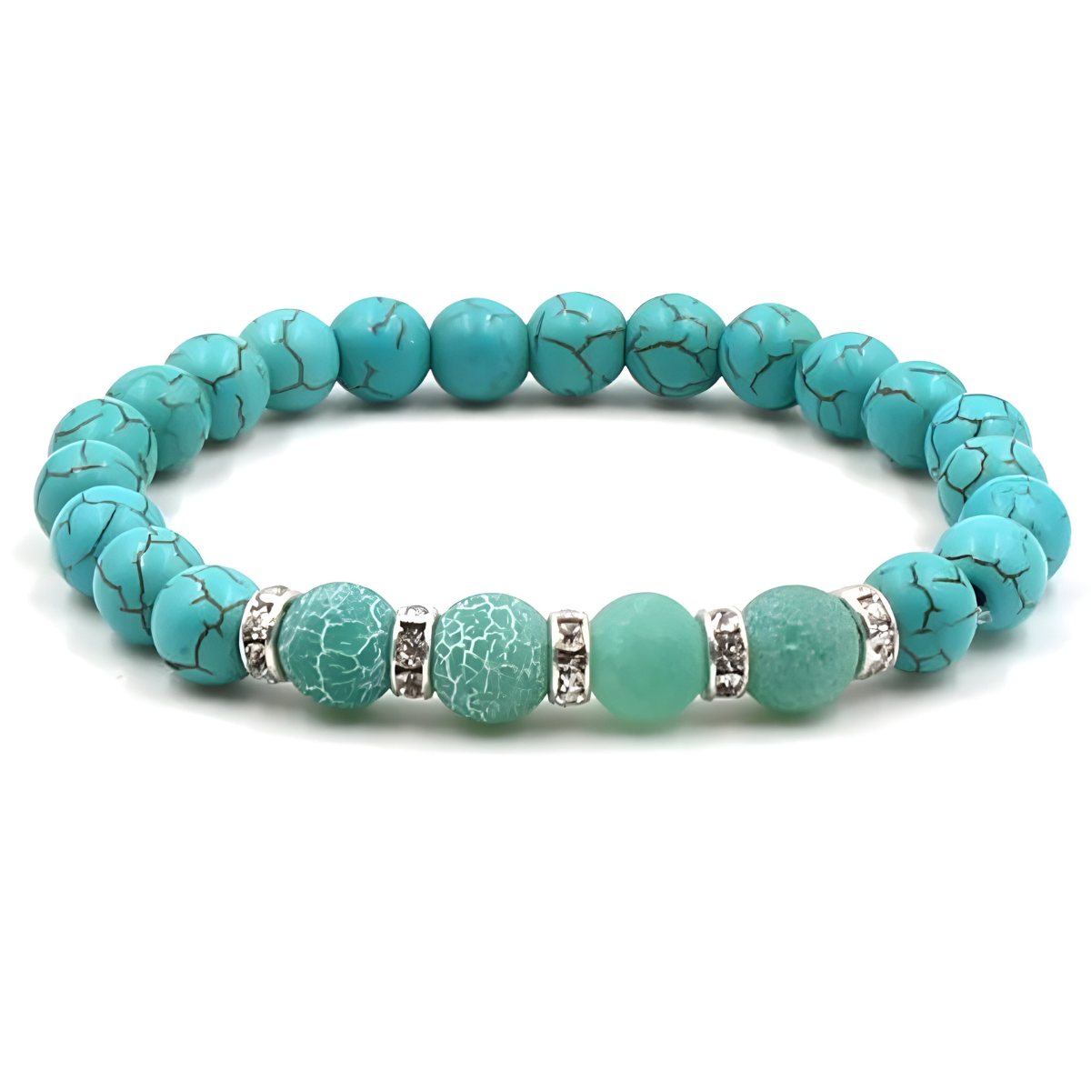 bracelet turquoise perles bleu turquoise et vert d’eau avec séparateurs argentés incrustés de strass