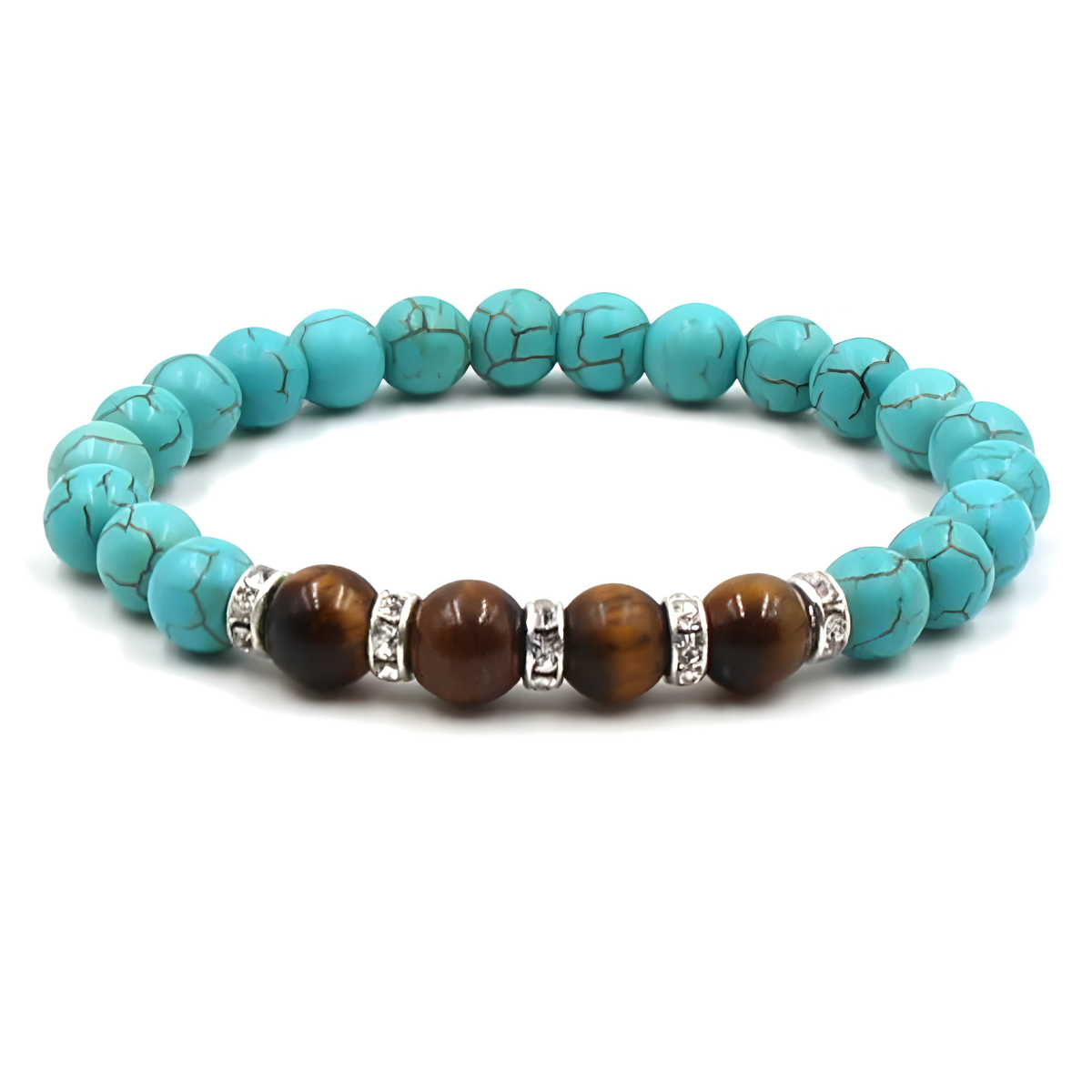 bracelet turquoise composé de perles bleu clair avec cinq perles marron effet œil de tigre séparées par des anneaux argentés à strass
