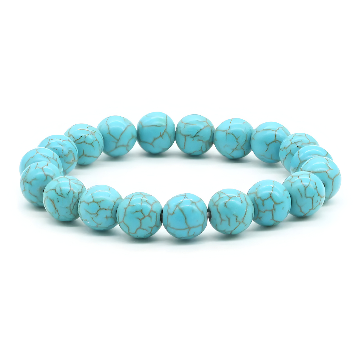 bracelet turquoise composé de perles rondes bleu clair marbrées de veines sombres formant un cercle régulier sur élastique