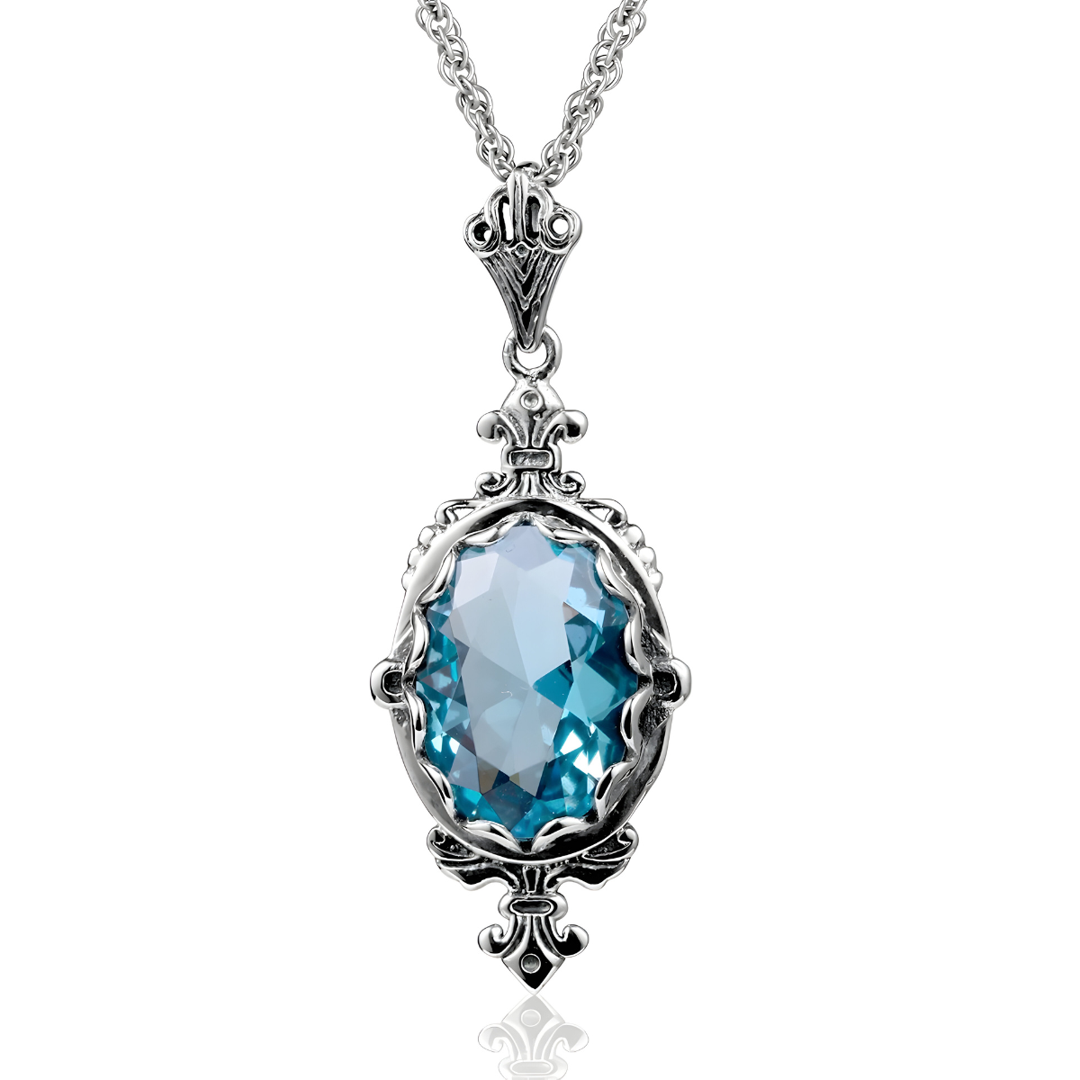 Collier Aigue Marine argent pendentif ovale en pierre naturelle aigue‑marine bleu océan facettée, sertie sur monture argentée ornée de motifs vintage