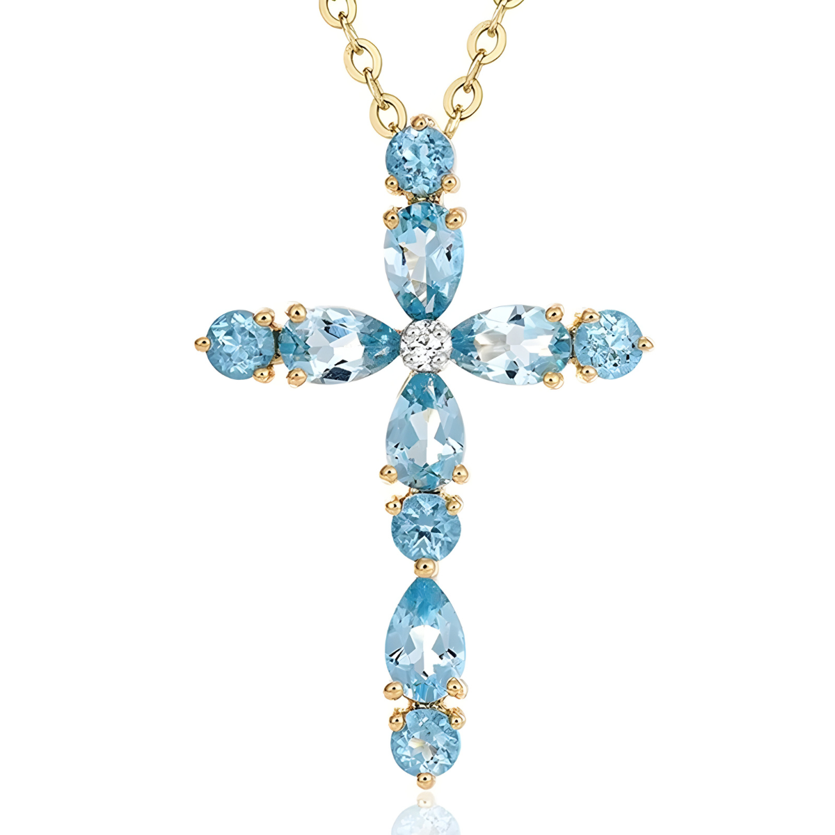 Collier Aigue Marine pendentif croix en métal plaqué or orné de pierres naturelles aigue‑marine facettées poire et ronde serties de griffes